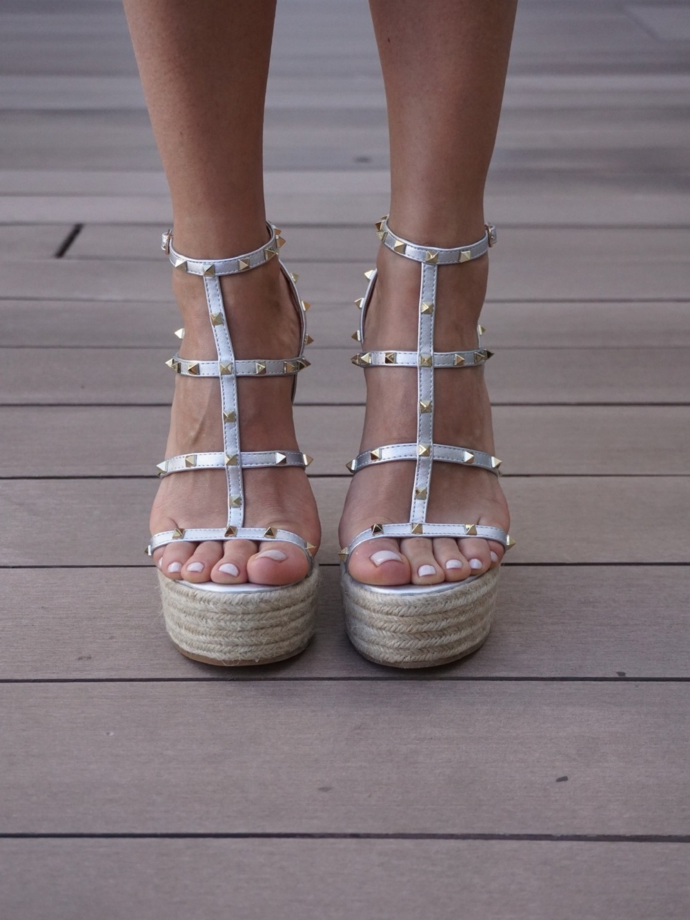Silver & Gold Studded Espadrille Wedge Sandals Heels - Picture 8 of 15
